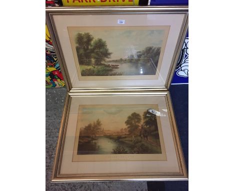 TWO LARGE FRAMED PRINTS OF VINTAGE SCENES INCLUDING CATTLE IN A RIVER SETTING 