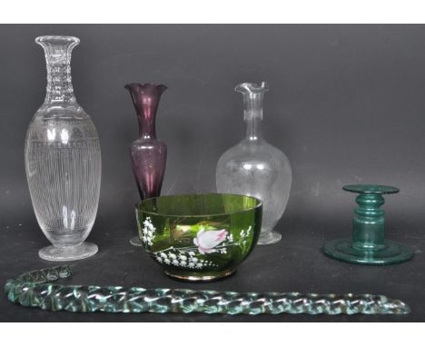 A collection of 19th century Victorian and later glass items to include an early Victorian green glass stub candlestick, a Na