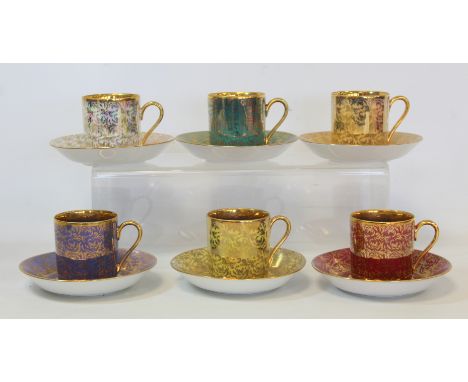 German Selb Heinrich Co. coffee set, comprising six coffee cans and saucers, each with a different colour with gilt scrolling