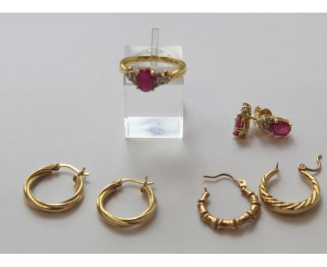 Ring with ruby and six diamonds, size 'N½', with matching earrings, 'K18' also one pair of creole style earrings and two othe