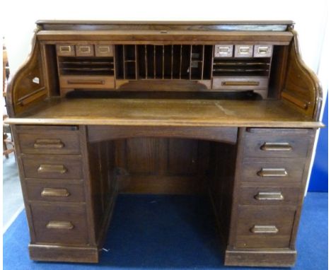 Lebus 20th century oak twin pedestal roll top desk 140cm wide x 122cm high x 73cm deep. 