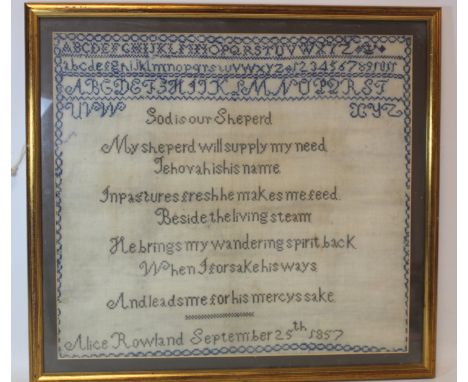 Victorian sampler worked in blue and grey threads on natural linen ground by Alice Rowland, September 25th 1857 with alphabet