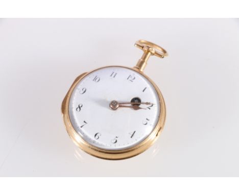 French late 18th century verge watch, unsigned with typical bridge cock and enamel dial, with gold hands in gold consular cas