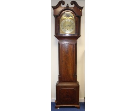 Eight day long case clock by Joseph Gibson Ecclefechan, the silvered and glass 12.5" dial with lunar work in the arch and eng