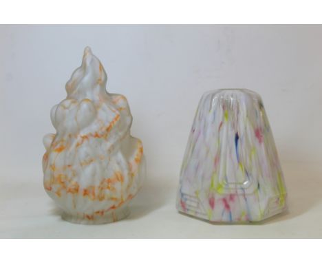 Art Deco lampshade of flame form with white and orange mottled decoration, 19cm high, and another of tapered octagonal form, 