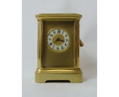 French miniature carriage timepiece with lever platform and enamel dial with gilt mask, in corniche case. 7.5cm. 