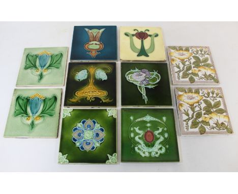 Collection of ten various Victorian Art Nouveau and other ceramic tiles, including two pairs, each approx. 16cm x 16cm. (10).