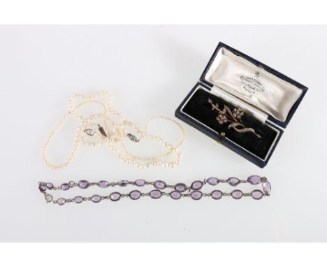 Edwardian gold and pearl spray brooch '9ct' cased, two pearl necklets and another amethyst.&nbsp;&nbsp; 