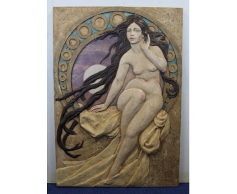 20th century Spanish Art Nouveau style composite bas relief plaque of a female nude in the manner of Alphonse Mucha by Enriqu