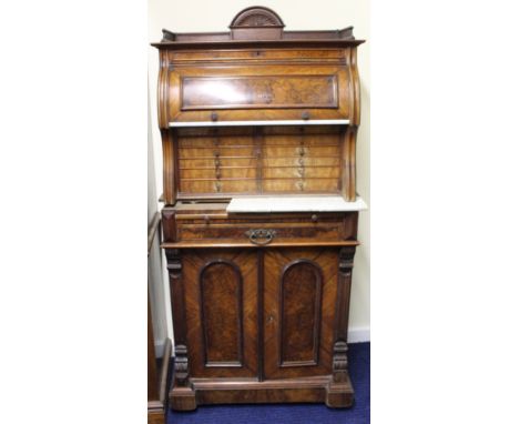 Victorian walnut Dentist cupboard with cylinder section enclosing mirror and marble shelf with twelve drawers beneath, a marb