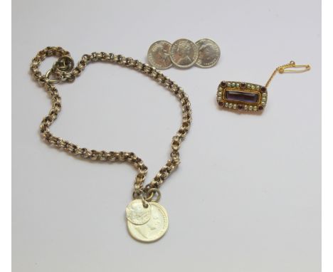 Georgian gold brooch slightly curved, with amethyst pearls and garnets, a silver bracelet and a coin brooch. (3). 