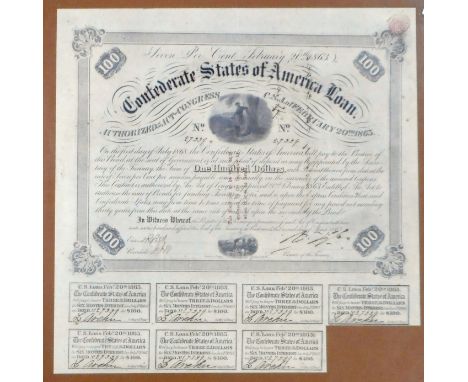 Share Certificate. Framed certificate. Confederate States of America loan. Interest certificates remaining from July 1st 1865