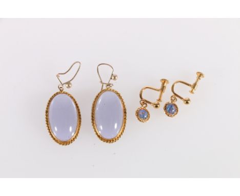 Pair of cabochon amethyst oval drop earrings in gold, '9ct' and another pair opal. 