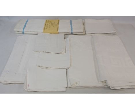 Pair of vintage Irish linen bed sheets, size 90/108, unused, three linen pillowcases, three damask tablecloths and three othe