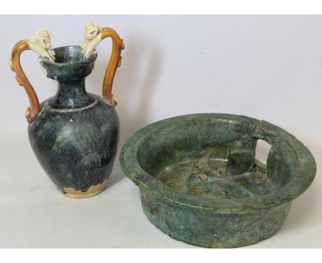Chinese green glazed stoneware basin of circular form, Han dynasty, 23cm diam, also a Tang style sancai&nbsp;amphora stonewar