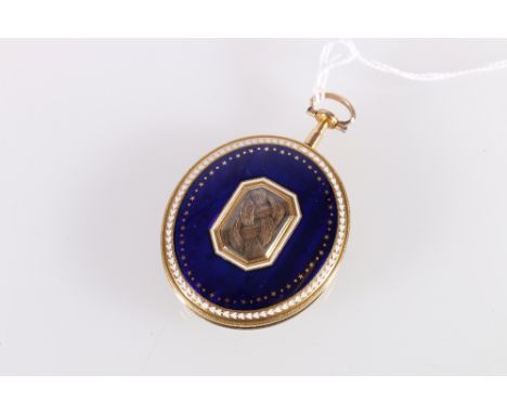 Late 18th century portrait miniature of a woman with grey curly hair and low cut bodice, apparently unsigned, in gold oval lo