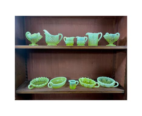 Victorian Davidson’s Pearline Primrose Yellow / “ Uranium " glass handled glassware collection, items in varying sizes to inc