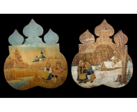 Russia, pair of carved wooden hand painted pre-revolution Russian folk art sculptural works. Each painted with a scene, a man