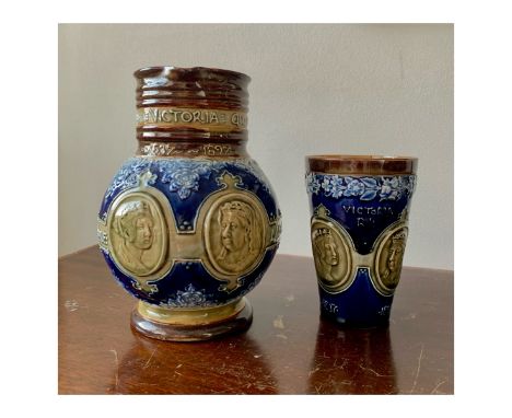 Royal Doulton, Lambeth stoneware jug commemorating the reign of Queen Victoria 1837-1897, inscribed to neck ‘Dei Gratia = Vic
