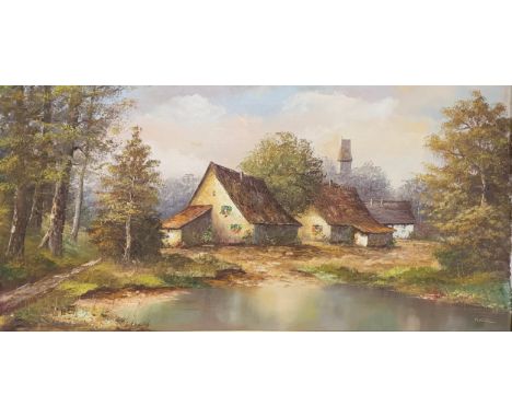 Nicol (European, 20th Contemporary), large oil on canvas landscape of lakeside countryside cottages flanked by trees to eithe