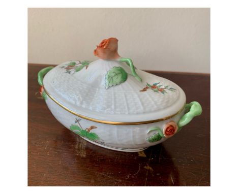 Herend, Herend Hungary hand painted ceramic rose lidded dish, with external raised rose topper to lid and rose relief decorat