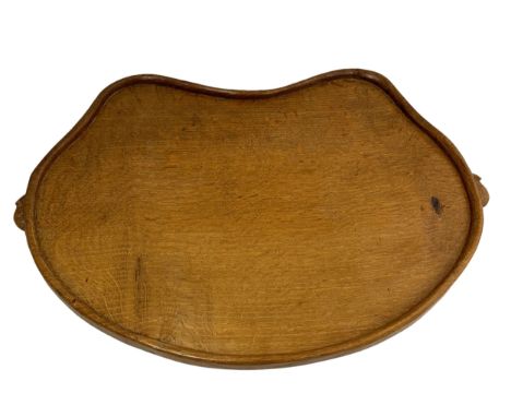 Robert 'Mouseman' Thompson (Kilburn) kidney shaped oak tea tray with signature carved mouse handles. Approx 46cm x 33cm x 2cm