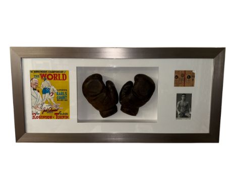 Randolph Turpin (British, 1928-1966), framed pair of leather boxing gloves worn by Randolph Turpin in preparation of his boxi