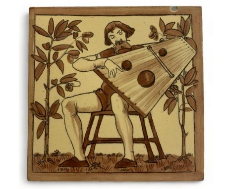Copeland, late 19th Century single Medieval Musicians tile depicting a harp player, impressed marks to reverse. One chip to u