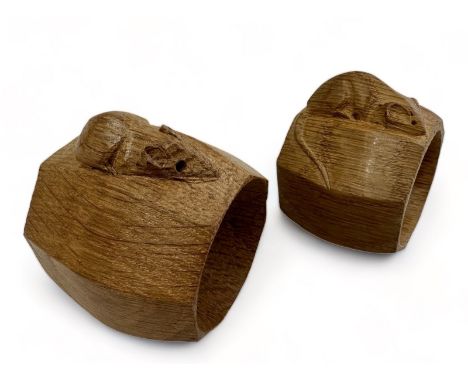 Robert “Mouseman” Thompson, pair of carved solid oak napkin rings in octagonal form. Largest 52mm x 48mm, smallest one  52 mm