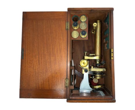 J H Steward, 19th Century brass binocular microscope by J. H. Steward of 406 Strand, London, dual pair of eyepieces, triform 