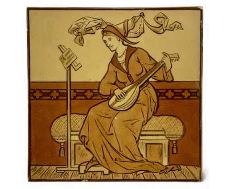 Copeland, late 19th Century single Medieval Occupation tile depicting a lute player, impressed marks to reverse. Minor chips 