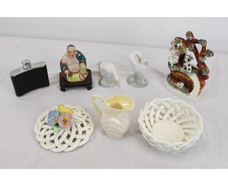 A mixed selection of ceramics, a Buddha and hip flask. The Buddha is 14cm tall. 