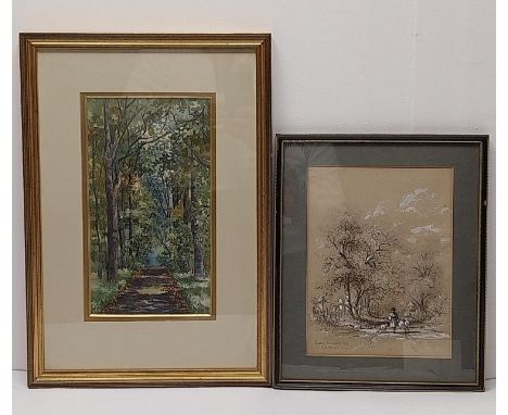 A framed and glazed watercolour and an ink sketch. H.48.5 W.33.5 cm (largest) 