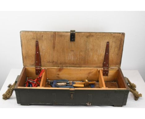A vintage British Army Issue Wooden toolbox containing non military clamps and a saw. H.20 W.95 D.35 cm 