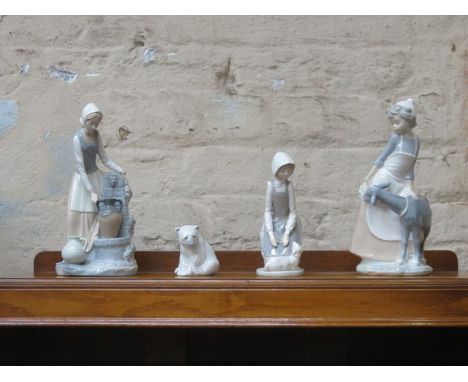 THREE NAO CERAMICS FIGURES AND SMALL LLADRO POLAR BEAR