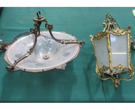 GILT METAL AND ETCHED GLASS PENDANT CEILING LIGHT PLUS GILT METAL AND ETCHED GLASS HANGING CARRIAGE STYLE LAMP (AT FAULT) 