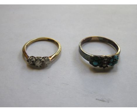 15ct GOLD RING SET WITH TURQUOISE COLOURED STONES AND SEED PEARLS, PLUS GOLD THREE STONE DIAMOND RING 