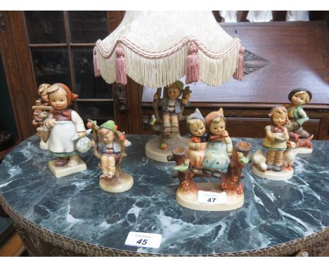 HUMMEL CERAMIC TABLE LAMP AND SIX HUMMEL FIGURES (SOME AT FAULT)