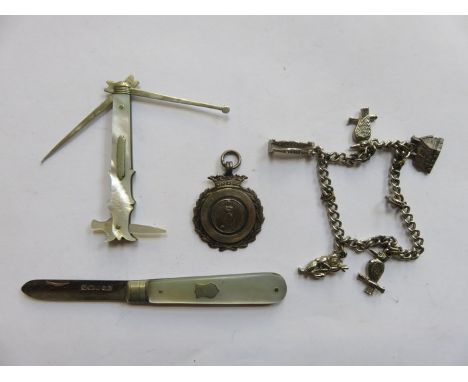 MIXED LOT INCLUDING SILVER MOTHER OF PEARL FRUIT KNIFE, ANOTHER INTERESTING MOTHER OF PEARL ITEM, SILVER SPORTS FOB AND SILVE