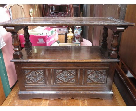 HEAVILY CARVED OAK MONKS BENCH, FOR RESTORATION 