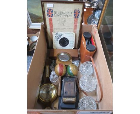 SUNDRY LOT INCLUDING 7in VINYL SIGNED BY FRANK FIELD, BAROMETER, WORLD WAR II BINOCULARS, CAMERA, WORLD WAR II LIBERATION OF 