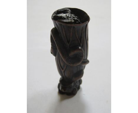 HEAVILY CARVED JAPANESE TREEN NETSUKE DEPICTING A FROG, SNAIL AND SNAKE, SIGNED, APPROXIMATELY 6cm HIGH