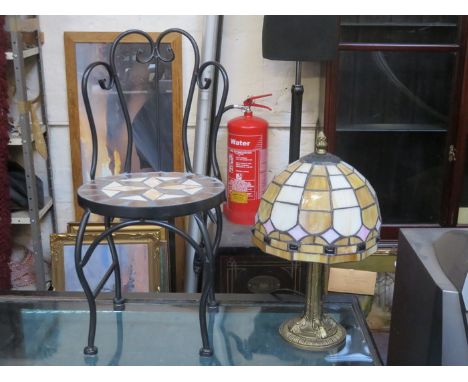 SMALL TIFFANY STYLE TABLE LAMP AND SIMILAR DOLL'S CHAIR 