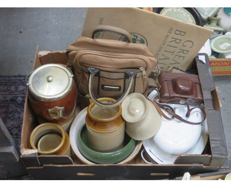 MIXED LOT INCLUDING STONEWARE, BISCUIT BARREL, BOWLING BOWLS AND CAMERA, ETC. 