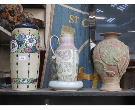 LARGE AMPHORA POTTERY VASE AND TWO PIECES OF DENBY PLUS RELIEF DECORATED POTTERY VASE 