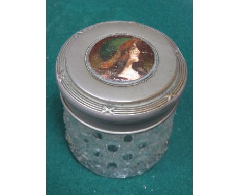 GLASS DRESSING JAR WITH PEWTER COVER, MOUNTED WITH PORTRAIT TO CENTRE 