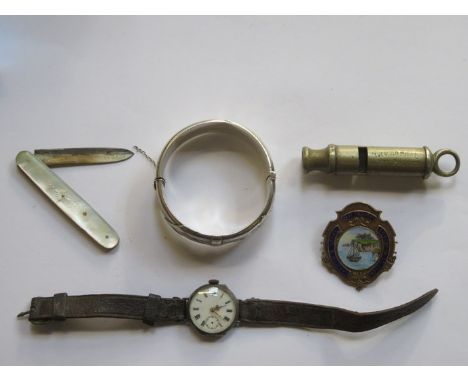 MIXED LOT INCLUDING SILVER WATCH, SILVER AND MOTHER OF PEARL FRUIT KNIFE, SILVER AND ENAMELLED BROOCH, SILVER SNAP BANGLE AND