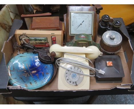 SUNDRY LOT INCLUDING THREE CLOCKS, BAROMETER, PHONE AND OPERA GLASSES, ETC. 