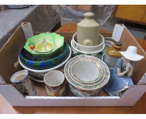 SUNDRY CERAMICS INCLUDING NAO SEATED FIGURE, ROYAL DOULTON TANKARD, DELFT JUG AND PORTMEIRION, ETC, PLUS TWO STONEWARE HOT WA