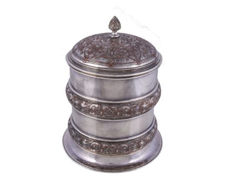 A Victorian electrotype cylindrical biscuit barrel by Elkington & Co., PODR mark for 9th February 1870, with a conical finial